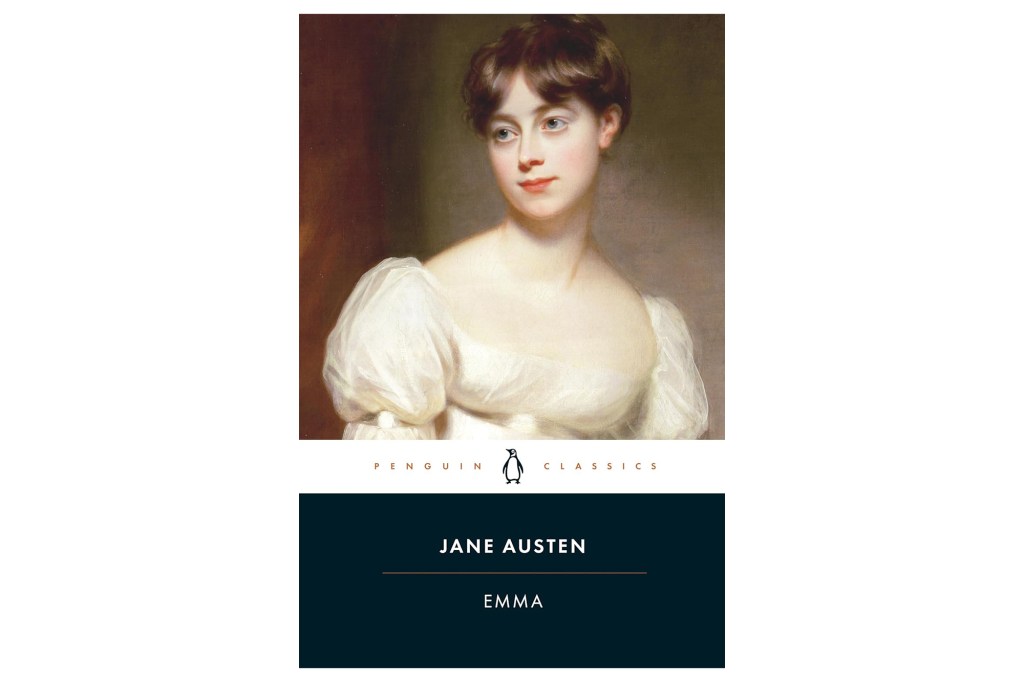 Cover of Jane Austen's novel "Emma" featuring a painting of a young woman with dark hair and a white dress.