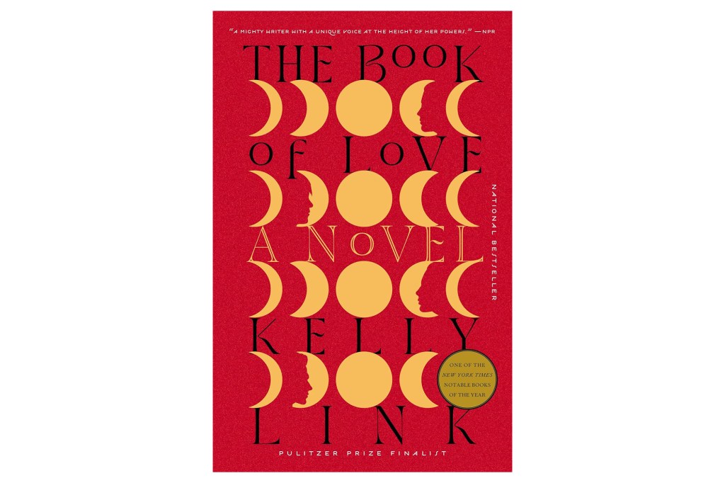 Book cover for "The Book of Love, A Novel" by Kelly Link, with black text and golden crescent and full moon shapes on a red background.