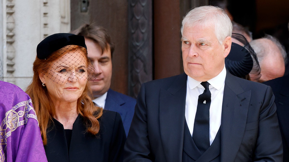 Sarah Ferguson and Prince Andrew attending a requiem mass at Westminster Cathedral in London
