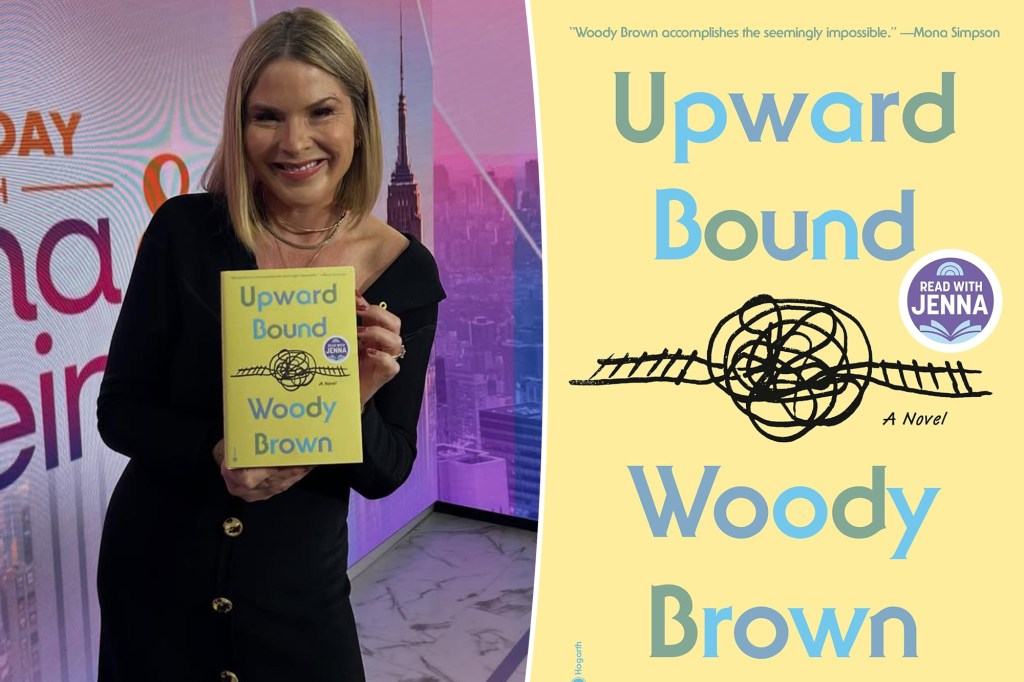 A split image shows Jenna Bush Hager holding the book "Upward Bound" on the left, and a full view of the book cover on the right.