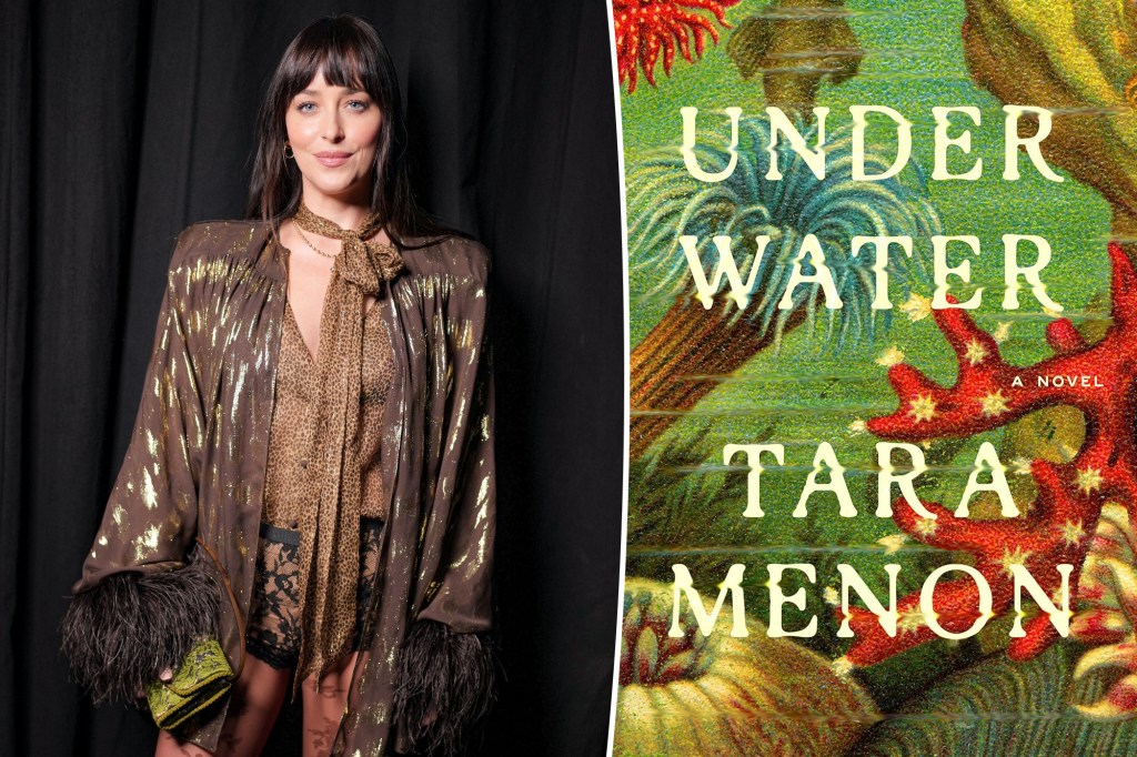 Collage of Dakota Johnson and the book cover for "Under Water" by Tara Menon.