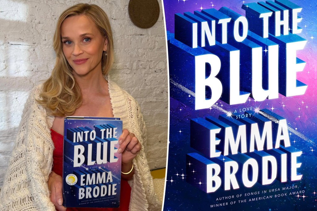 Collage of Reese Witherspoon holding the book "Into the Blue" and a close-up of the book cover.