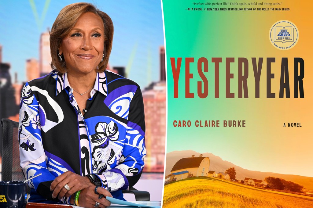 Robin Roberts in a patterned shirt and the book cover for "Yesterday" by Caro Claire Burke, a Good Morning America book club pick.