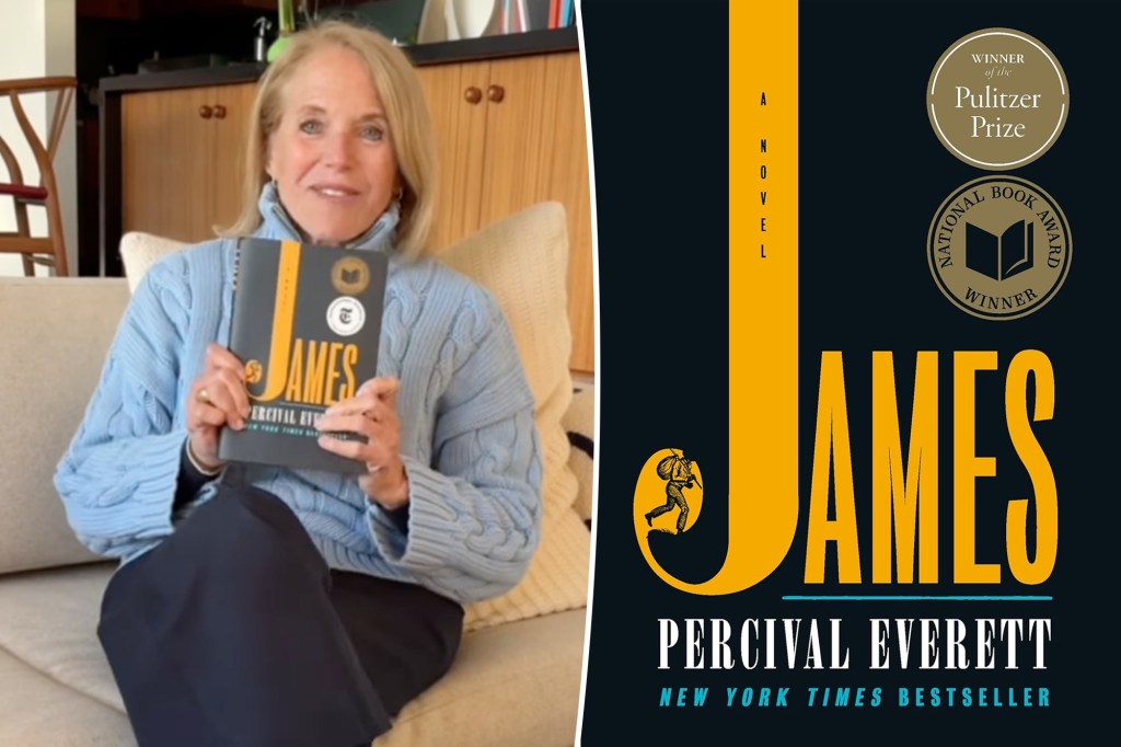 A woman holding the book "James" by Percival Everett, next to an image of the book's cover, which features Pulitzer Prize and National Book Award winner seals.