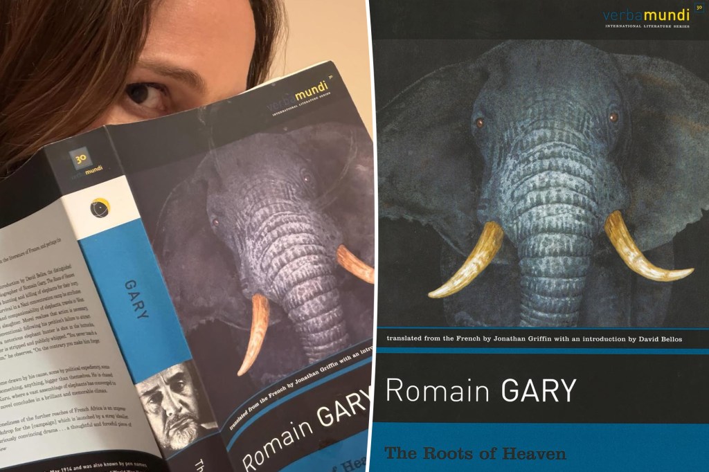 Collage of a person peeking over a book with an elephant illustration on the cover, and a close-up of the book cover.