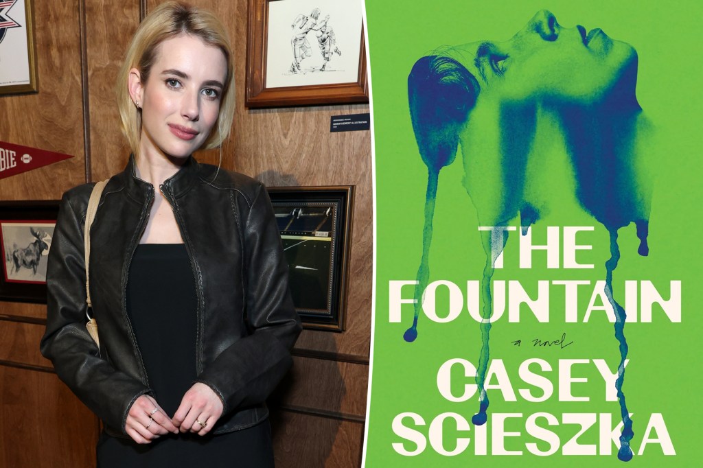 Emma Roberts poses next to the book cover for "The Fountain" by Casey Scieszka.