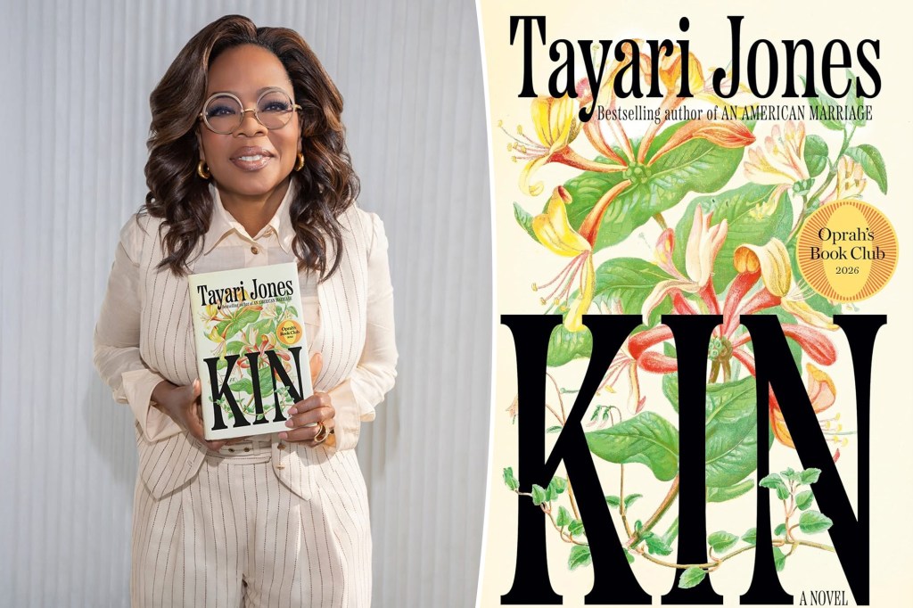 Oprah Winfrey holding a copy of Tayari Jones's novel "Kin," which is an Oprah's Book Club pick.