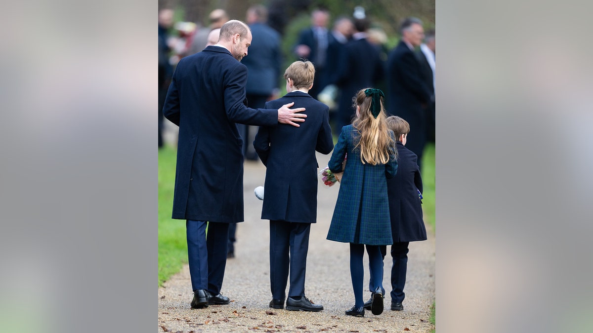 Prince William guiding Princess Charlotte and Prince Louis during Christmas morning walk at Sandringham Church