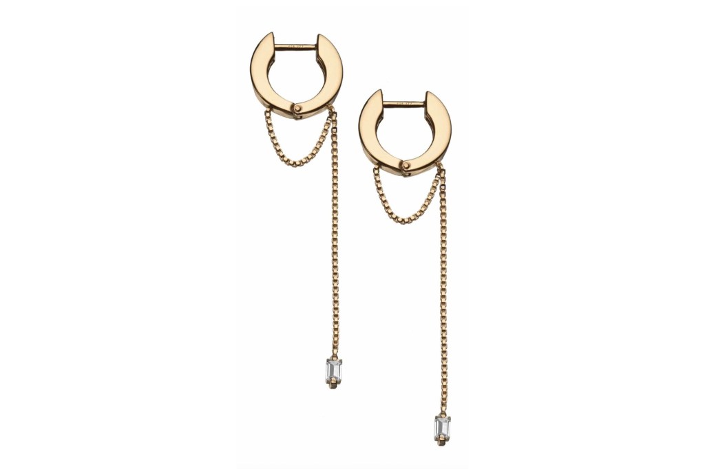 Two gold hoop earrings with dangling chains and clear rectangular charms.