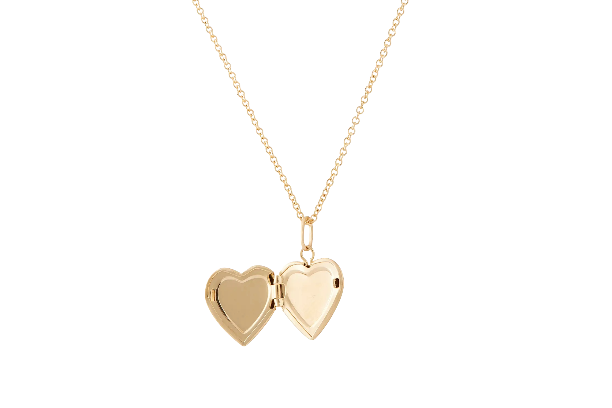 Gold heart locket necklace, open.