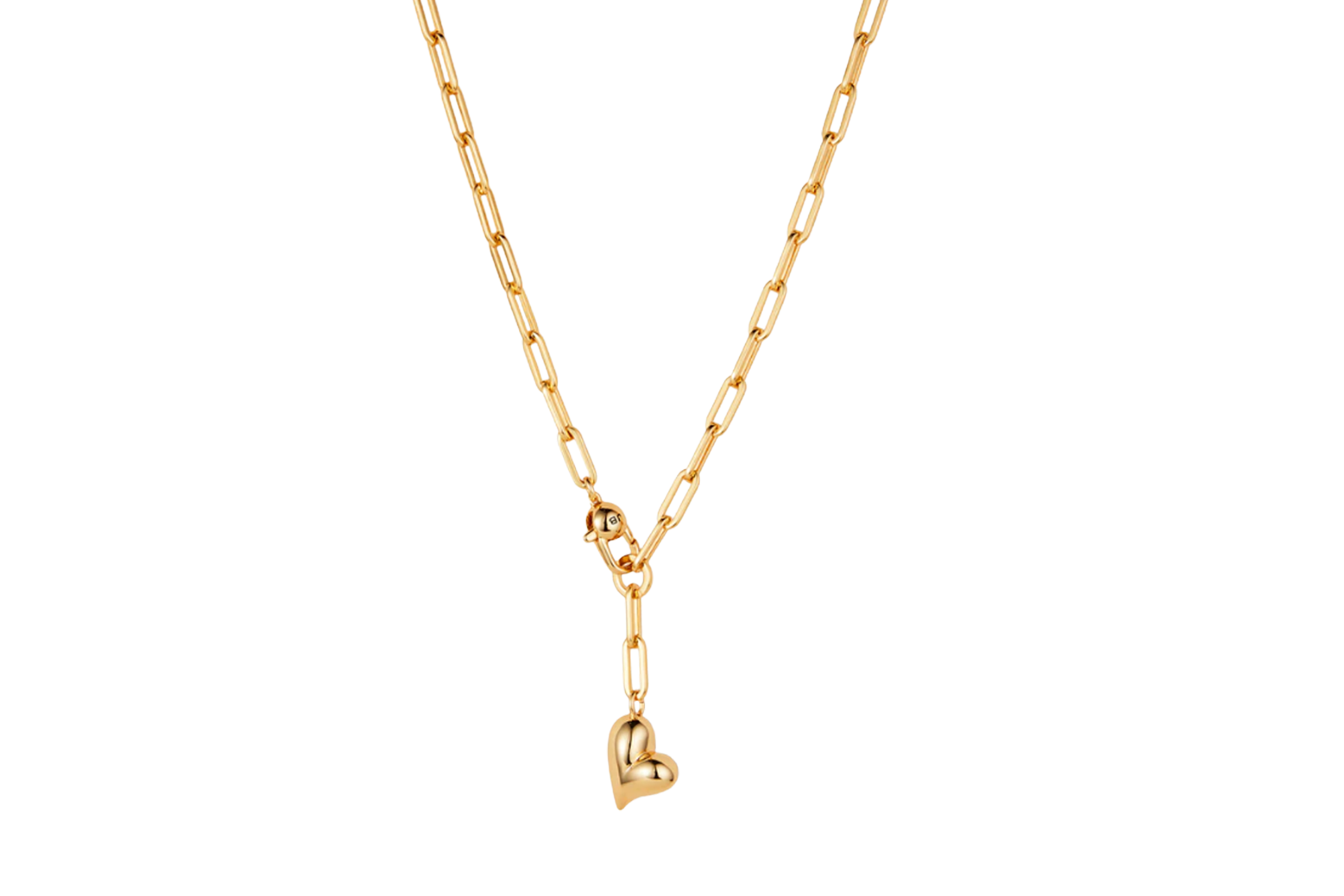 Jenny Bird's gold necklace with a heart-shaped pendant.