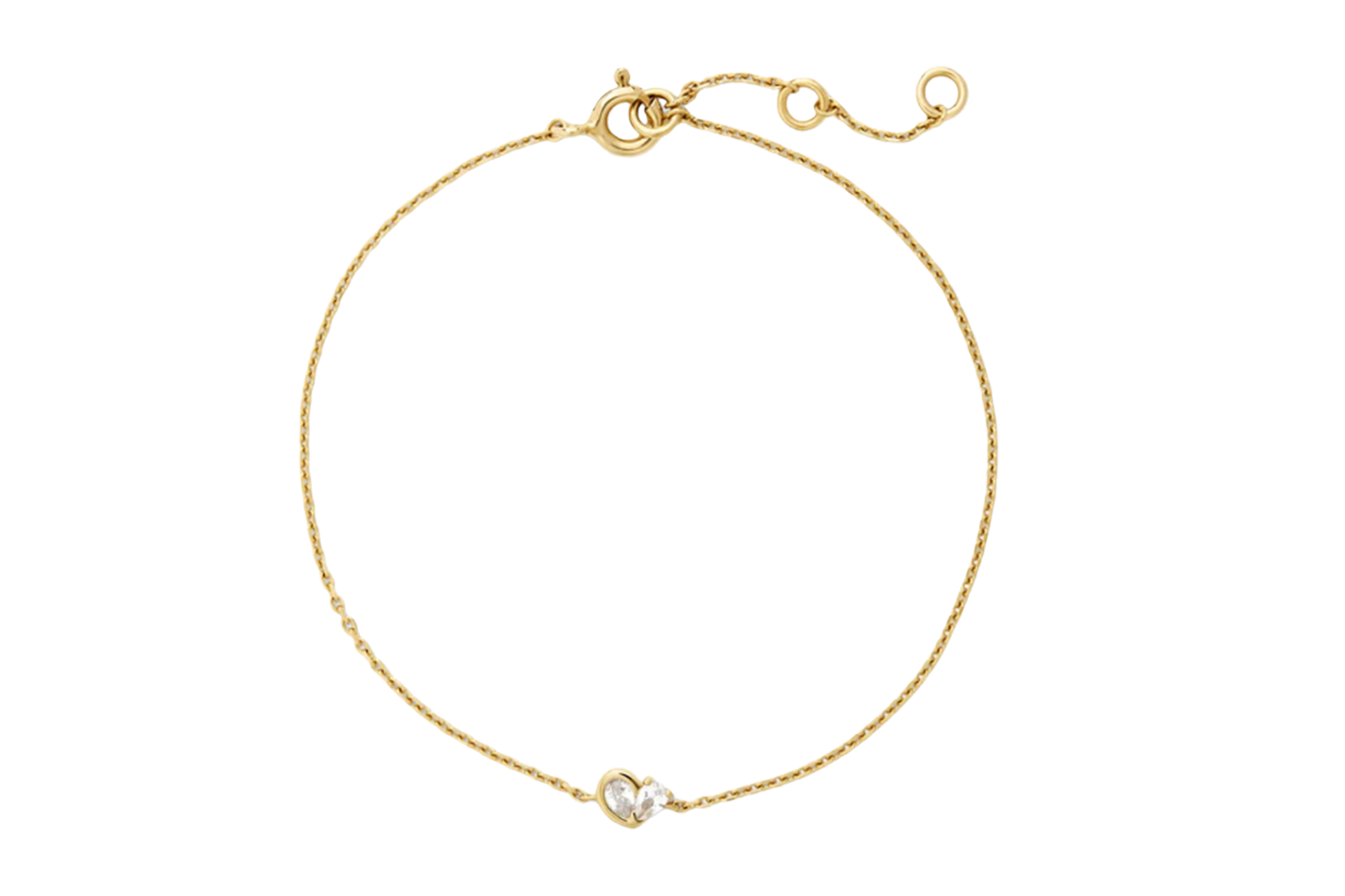 Gold bracelet with two small, clear gemstones.