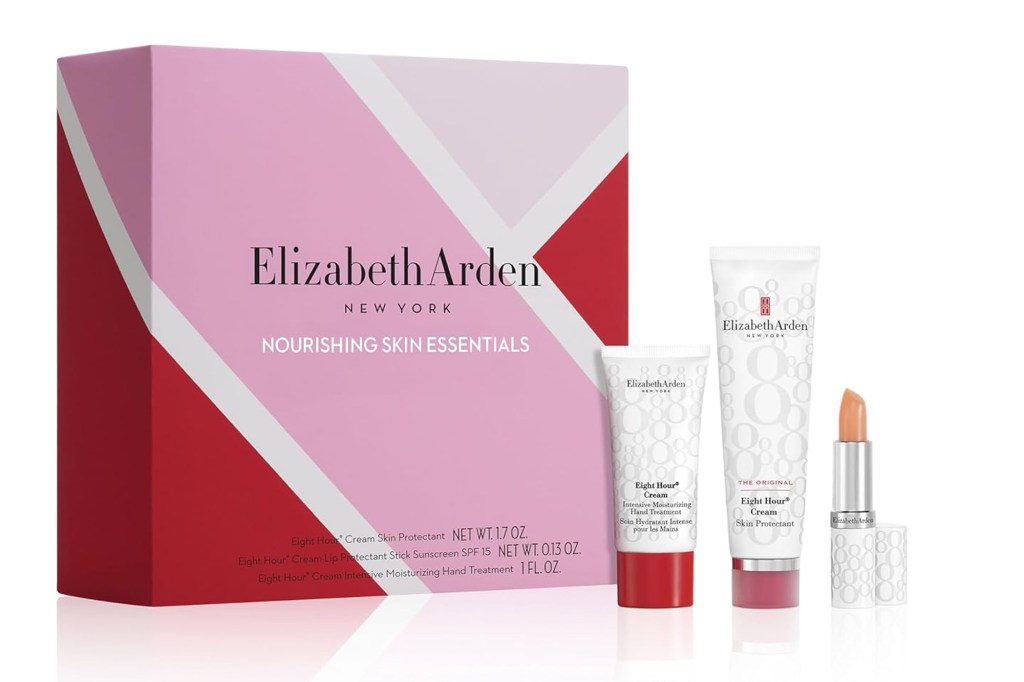Elizabeth Arden Nourishing Skin Essentials gift set including skin protectant, lip protectant, and hand treatment.