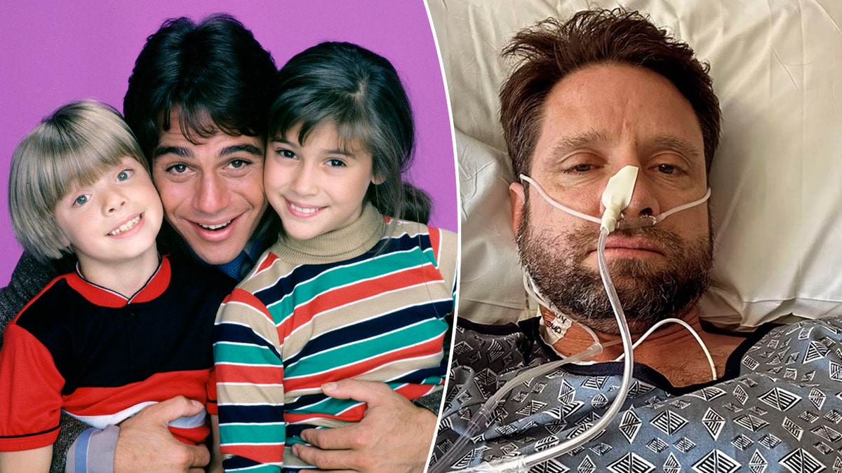 Danny Pintauro lying in a hospital bed with Tony Danza and Alyssa Milano standing beside him
