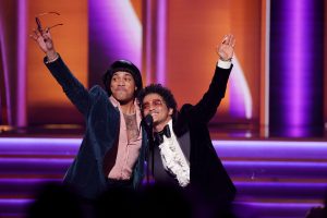 Anderson .Paak and Bruno Mars of Silk Sonic accept the Record Of The Year award for ‘Leave The Door Open’ onstage during the 64th Annual GRAMMY Awards at MGM Grand Garden Arena on April 03, 2022 in Las Vegas, Nevada.