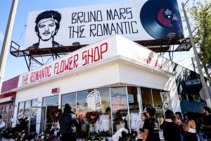 Guests line up at The Romantic Flower Shop by Bruno Mars in Los Angeles pop-up activation on February 27, 2026 in Los Angeles, California.