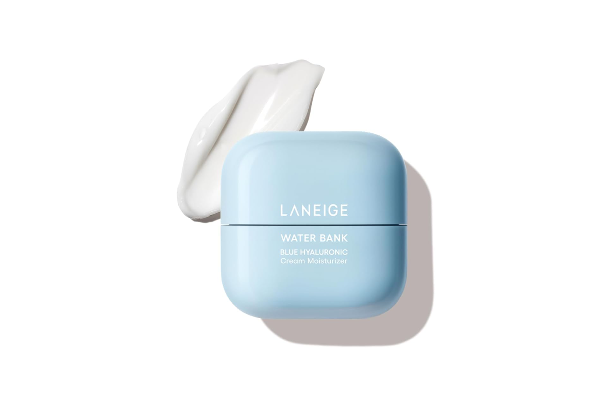 Laneige Water Bank Blue Hyaluronic Cream Moisturizer in a blue jar with a dab of cream beside it.