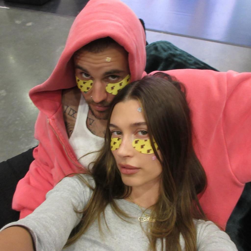 Justin Bieber and wife Hailey show off her Rhode under-eye and pimple patches.