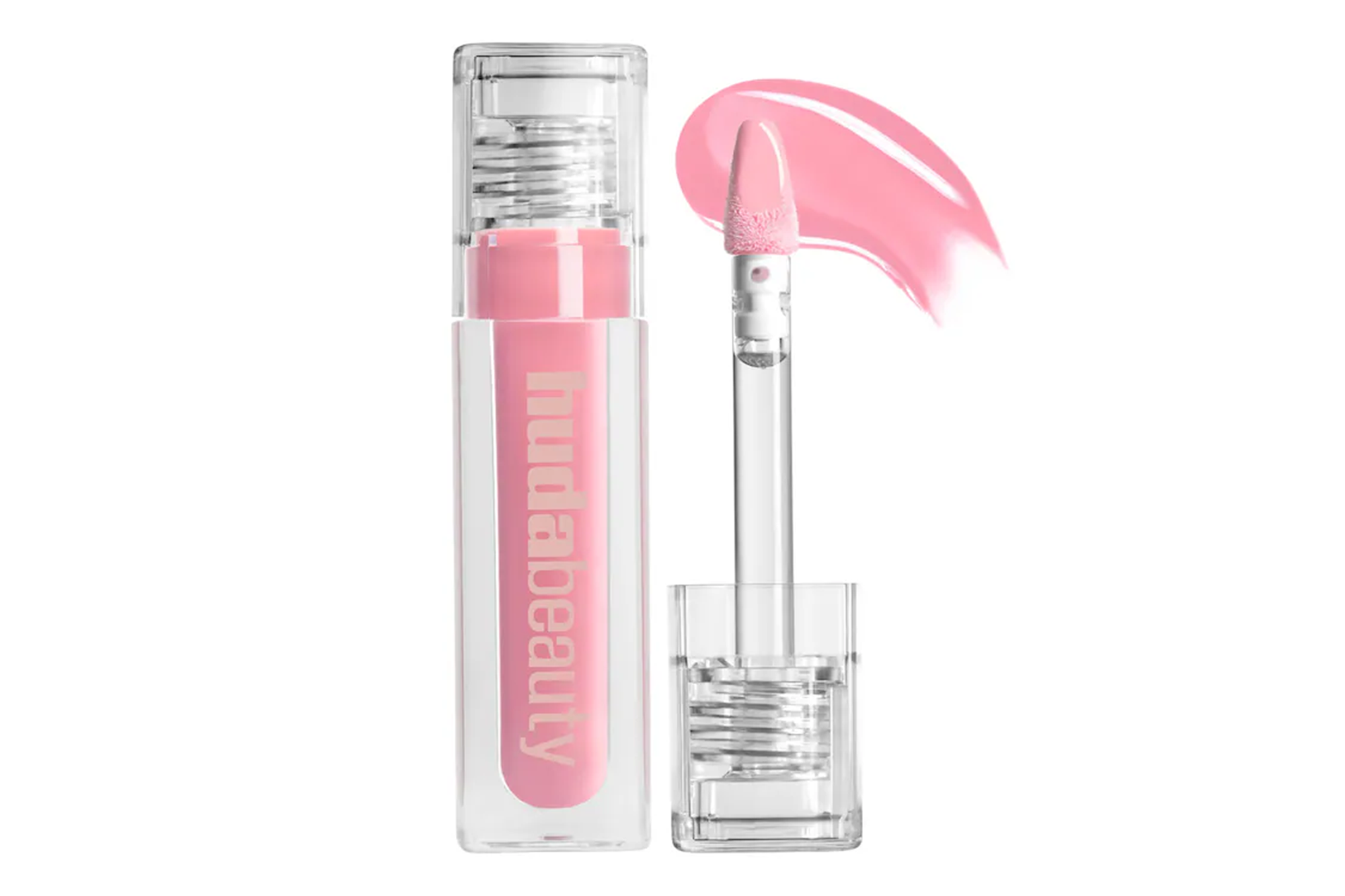 Huda Beauty gloss in a clear tube, with the applicator and a swatch of pink gloss.