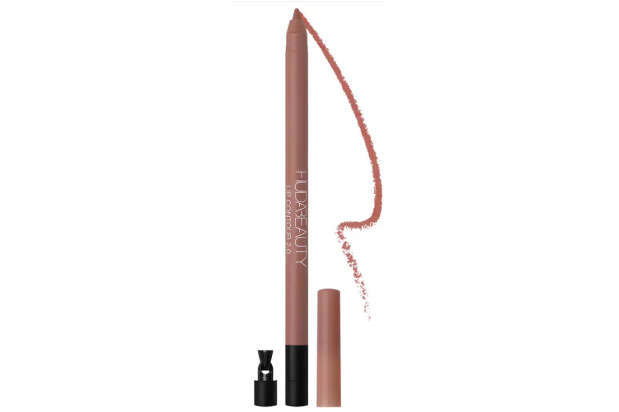 Huda Beauty Lip Contour 2.0 automatic lip pencil in a nude shade with a swatch of the color next to it.