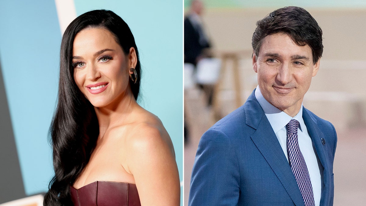 Split photos of Katy Perry in a maroon dress and Justin Trudeau in a suit