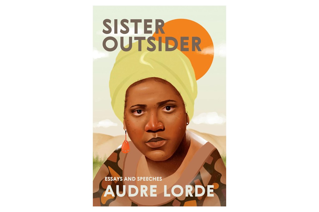 Illustration of the book cover "Sister Outsider" by Audre Lorde, depicting a woman in a yellow head wrap against an orange sun.
