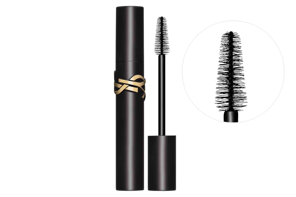 Black mascara tube with gold YSL logo, and an applicator brush with a magnified view of its bristles.