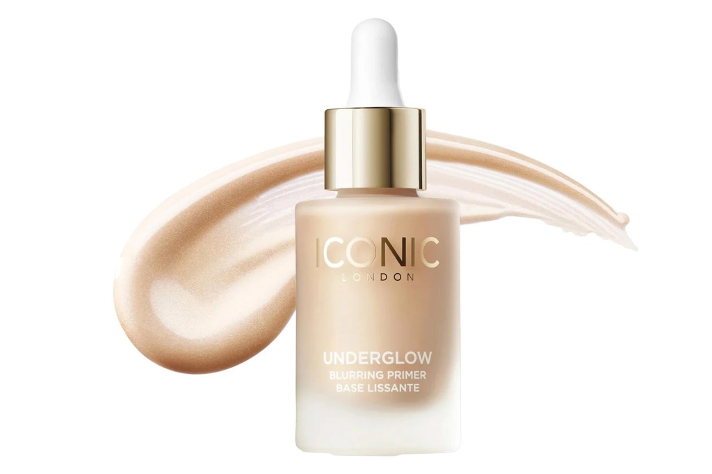 Iconic London Underglow Blurring Primer in a bottle with a swatch of the product.