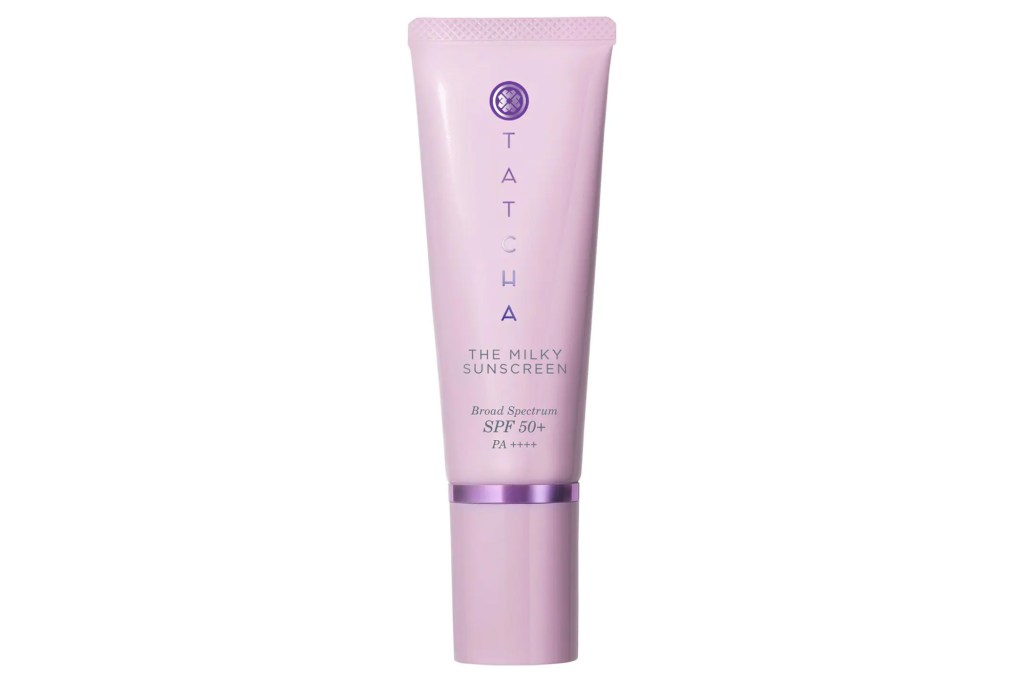 A tube of Tatcha The Milky Sunscreen Broad Spectrum SPF 50+ PA++++ in light purple packaging.