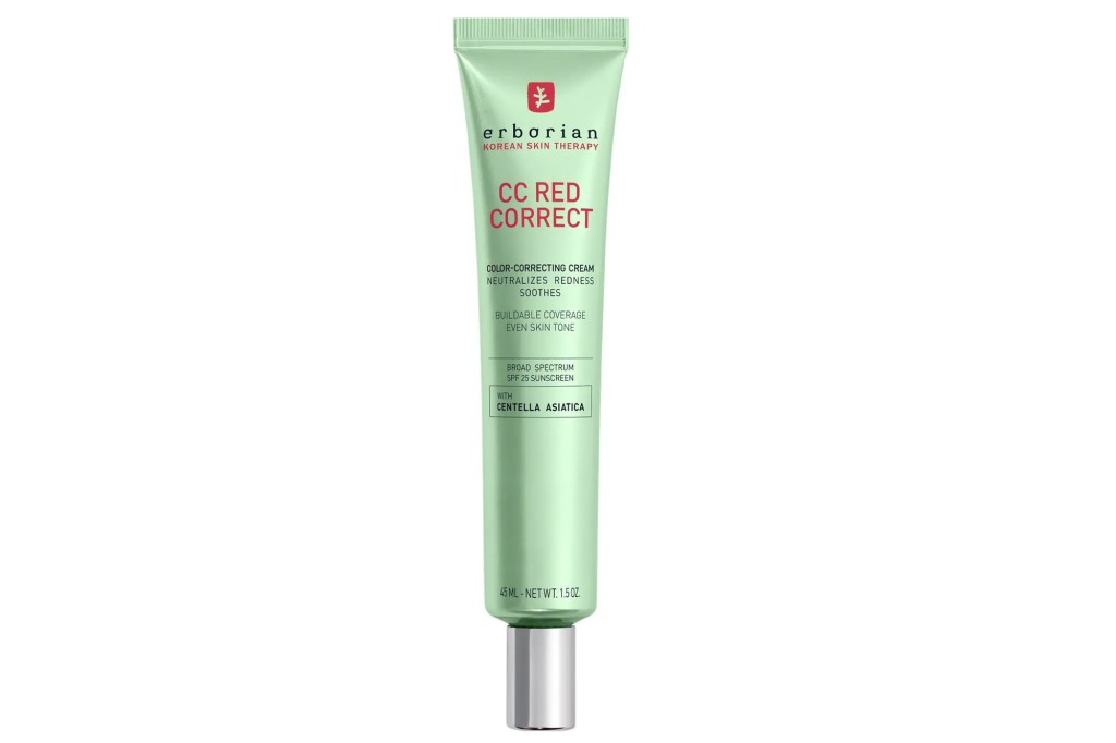 Erborian CC Red Correct color-correcting cream with SPF 25 and Centella Asiatica in a light green tube.