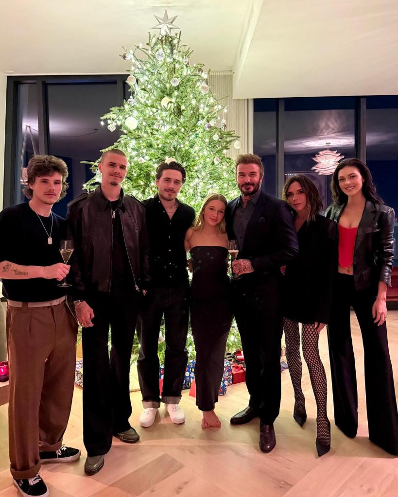 David and Victoria Beckham with their family and Nicola Peltz standing in front of a Christmas tree.