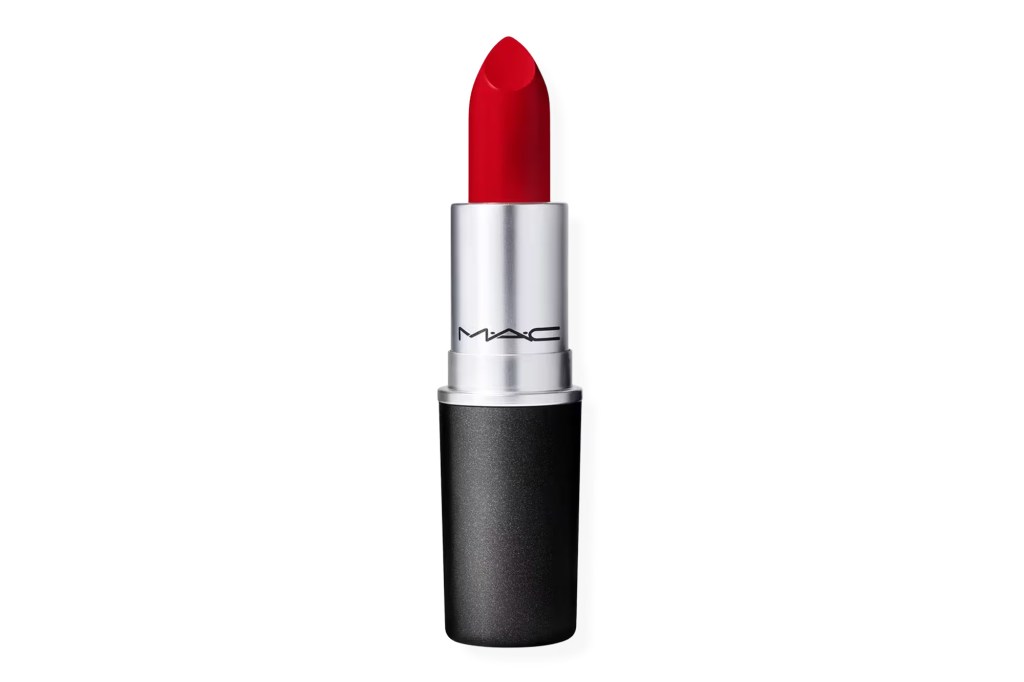 MAC Ruby Woo lipstick with a matte red bullet extended from a silver and black tube.
