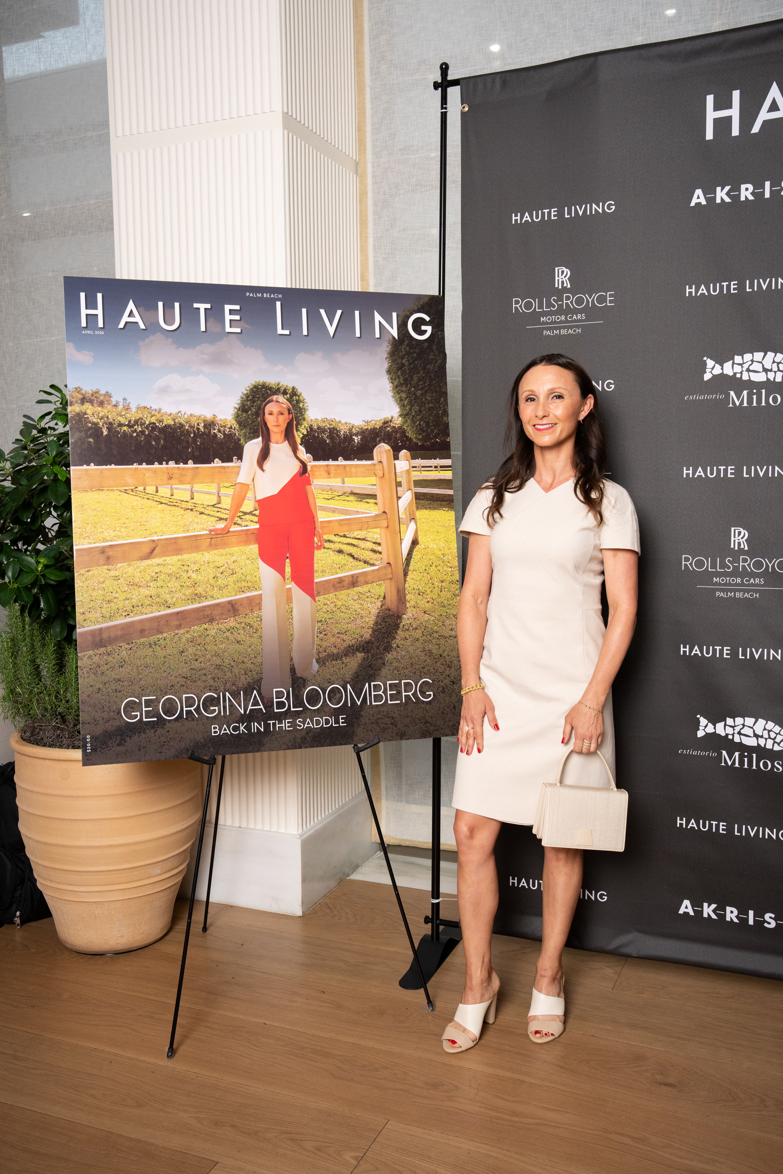 Georgina Bloomberg celebrates her Haute Living cover at Estiatorio Milos West Palm Beach with AKRIS & Rolls Royce Palm Beach on April 14.