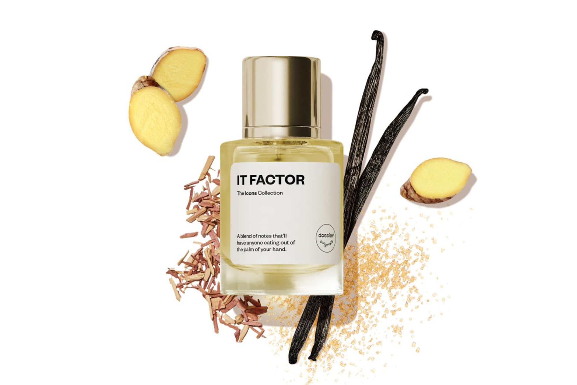 Dosier "IT FACTOR" perfume bottle with ginger slices, vanilla pods, wood shavings, and brown sugar.