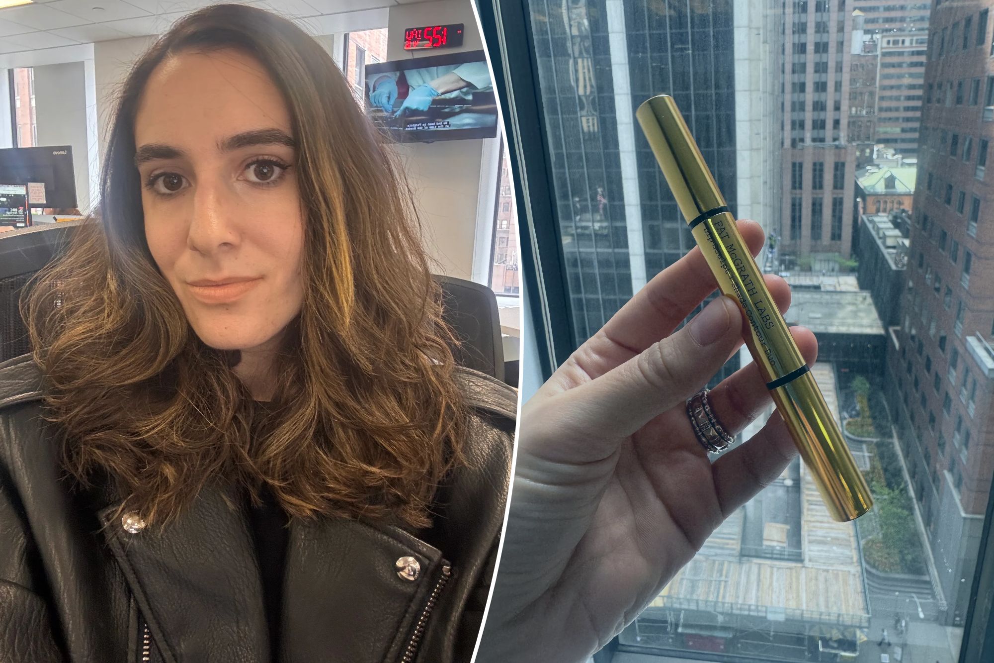 An image collage containing 2 images, Image 1 shows A young woman with brown hair and a black leather jacket looking directly at the camera, Image 2 shows A hand holds a gold Pat McGrath Labs Lip Fetish Divine Nude lipstick against a cityscape background