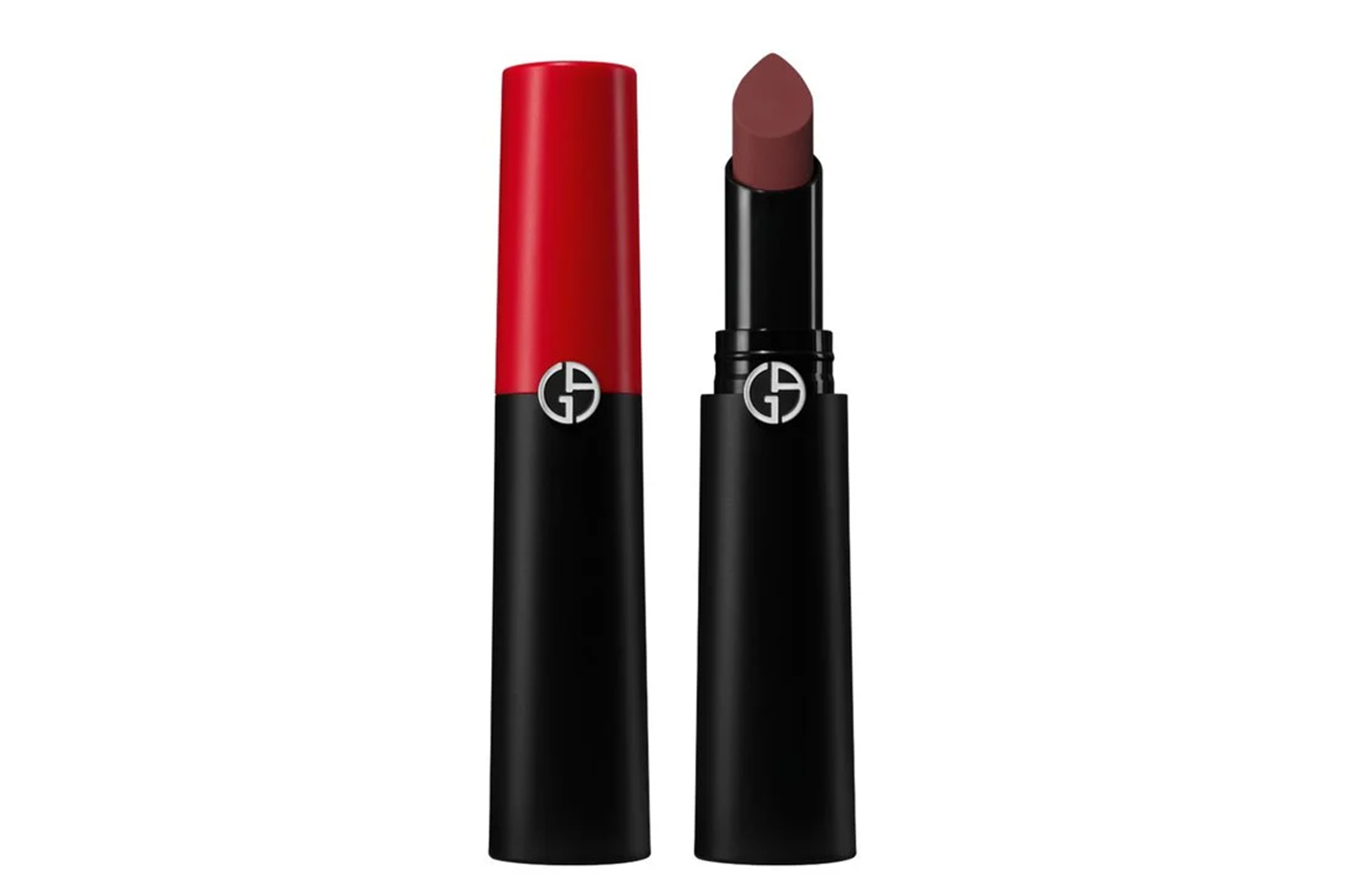 Giorgio Armani lipstick with a red cap and brown shade.