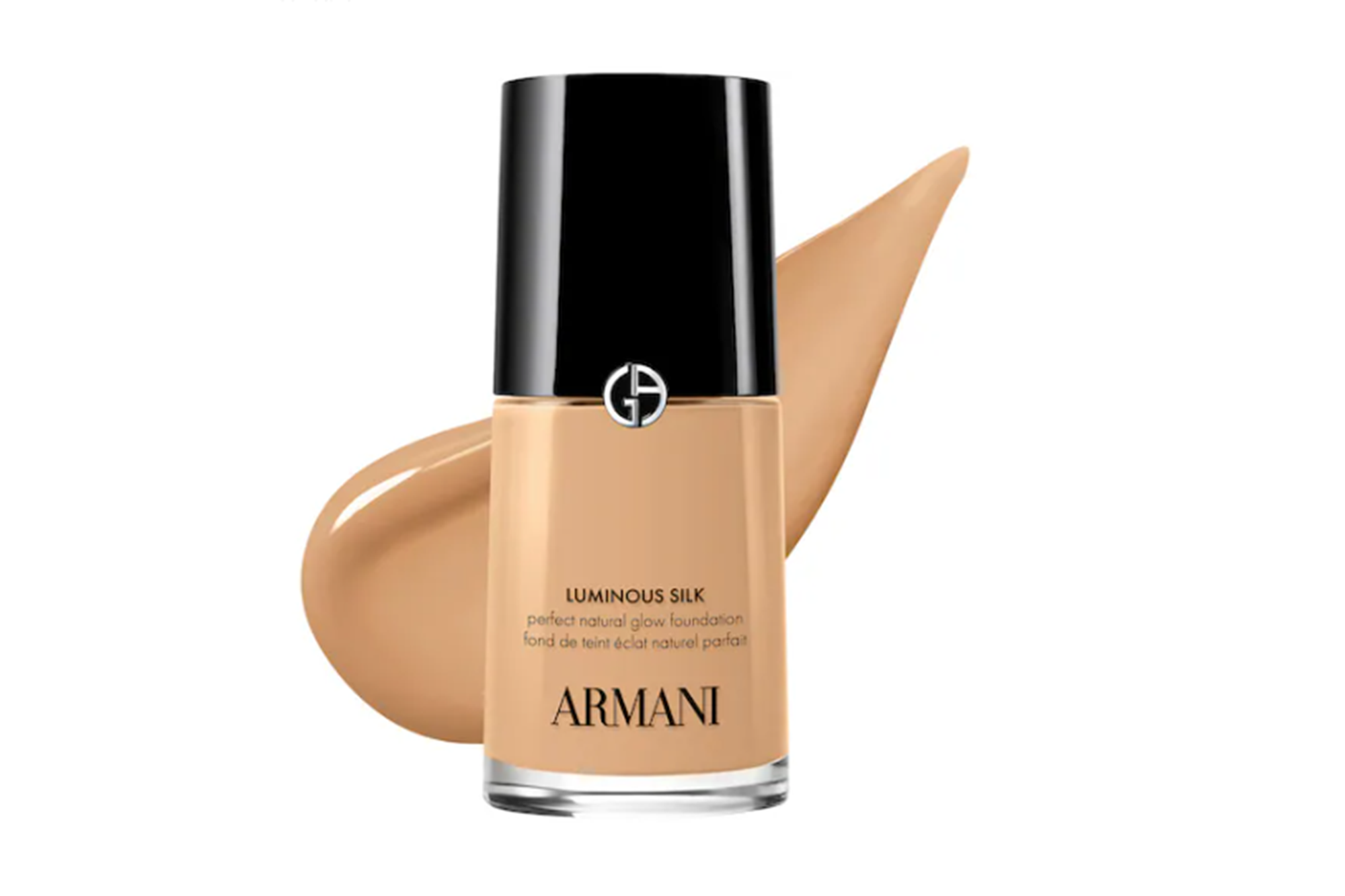 Armani Luminous Silk Foundation bottle with a swipe of foundation behind it.