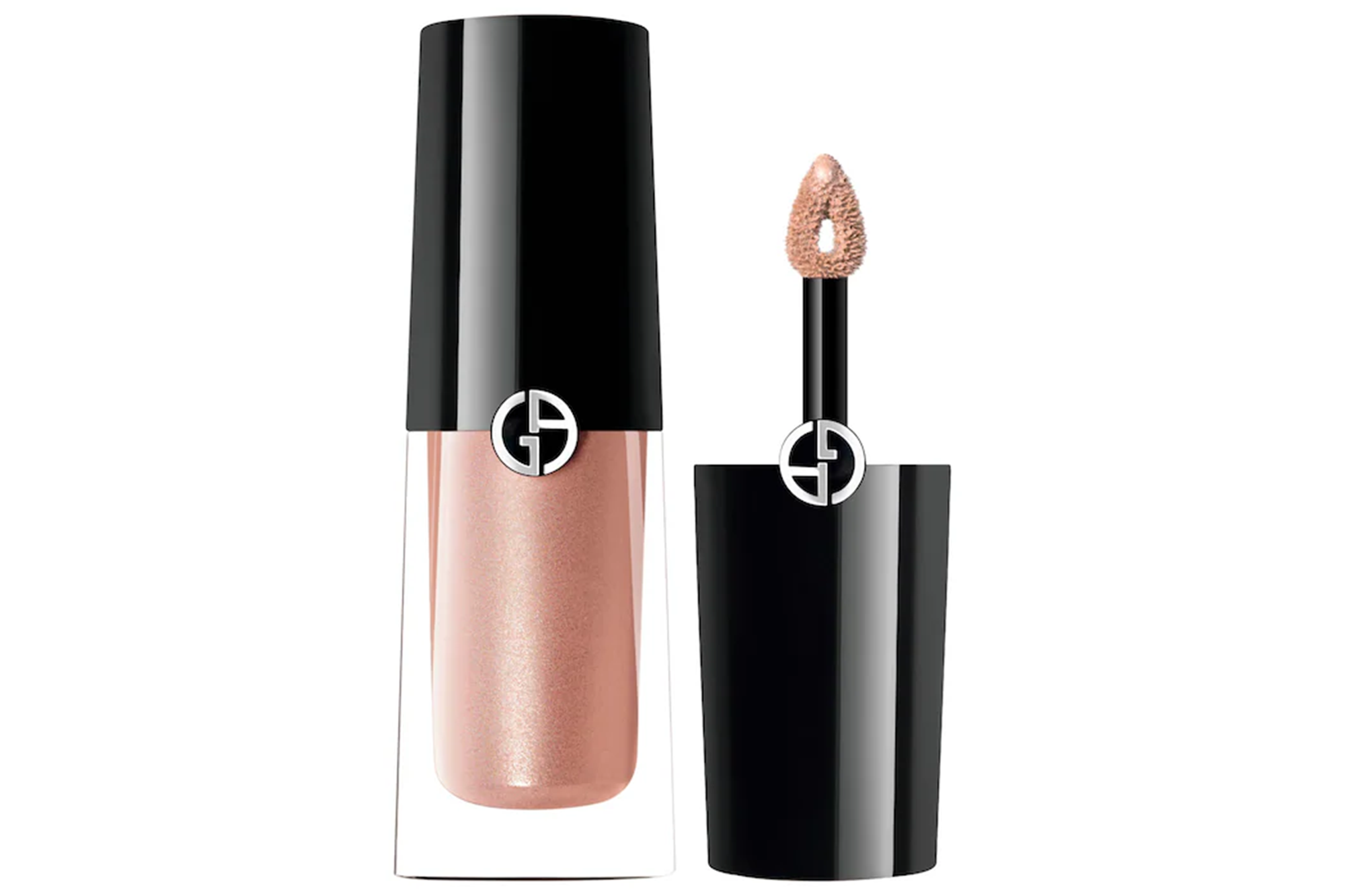 Armani liquid eyeshadow in a clear tube with a black cap, with the applicator wand and cap shown separately.