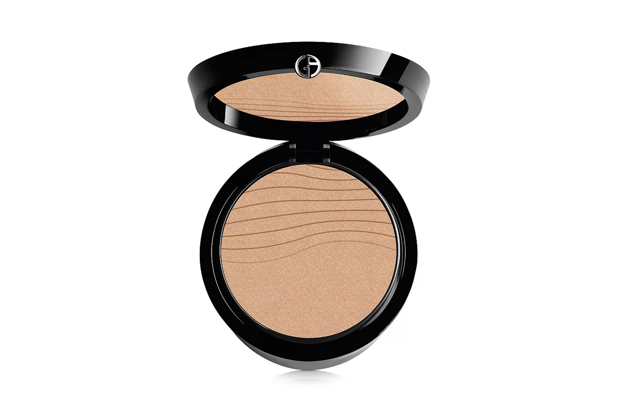 Armani setting powder in an open black compact.