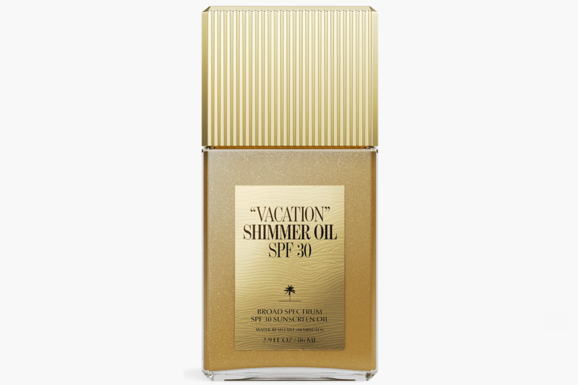 A bottle of "Vacation" Shimmer Oil with SPF 30.