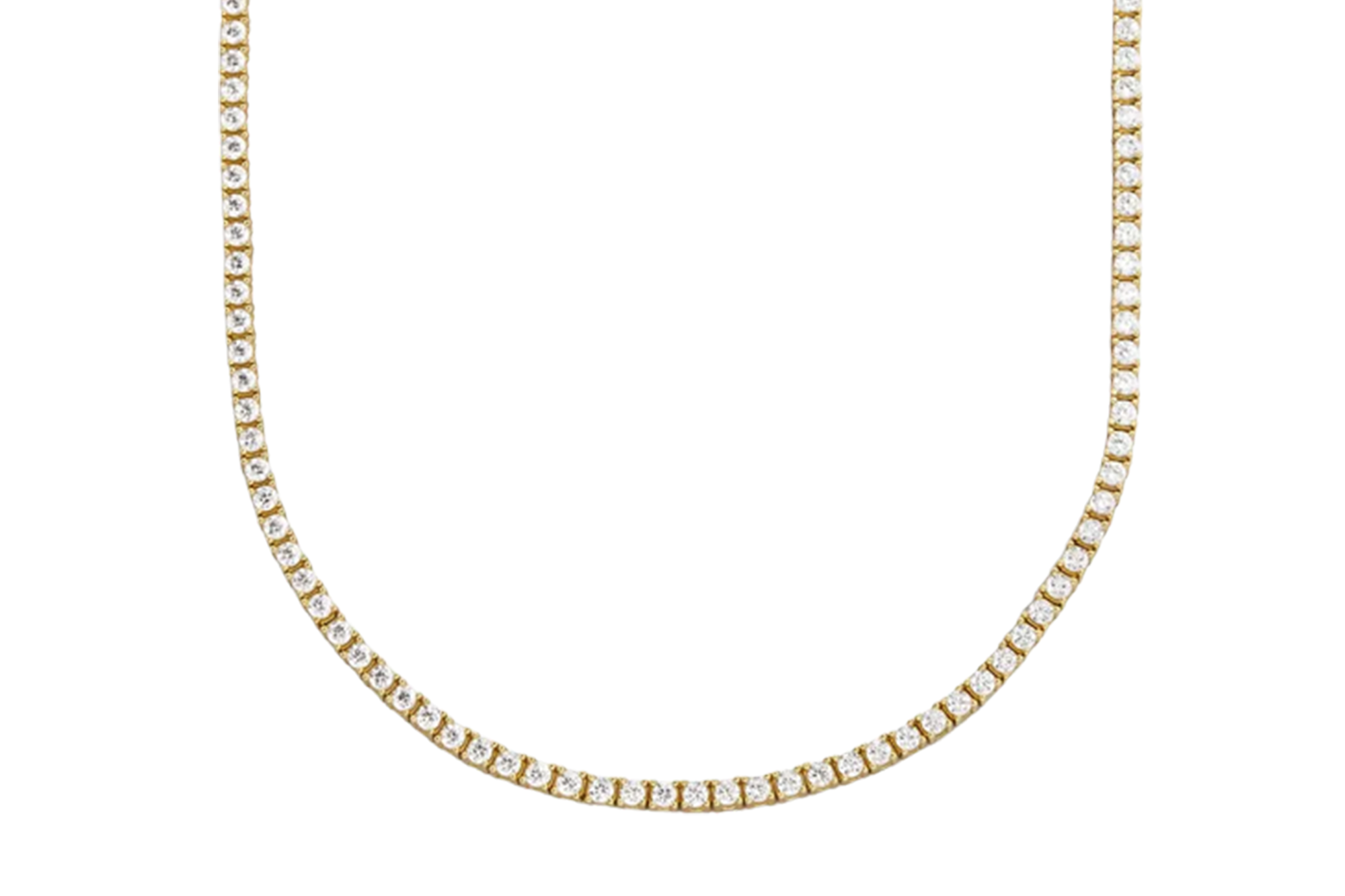 Gold tennis necklace with small diamonds.