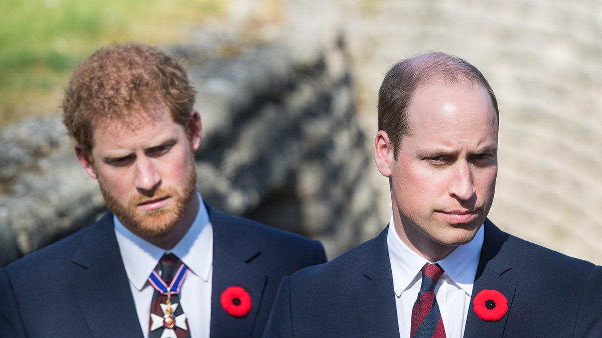 Prince William and Prince Harry walking through a trench during Vimy Ridge commemorations in Lille, France