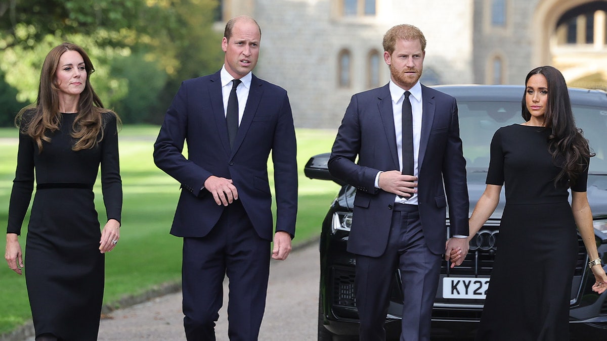 Princess Catherine, Prince William, Prince Harry, and Meghan walk on the Long Walk at Windsor Castle