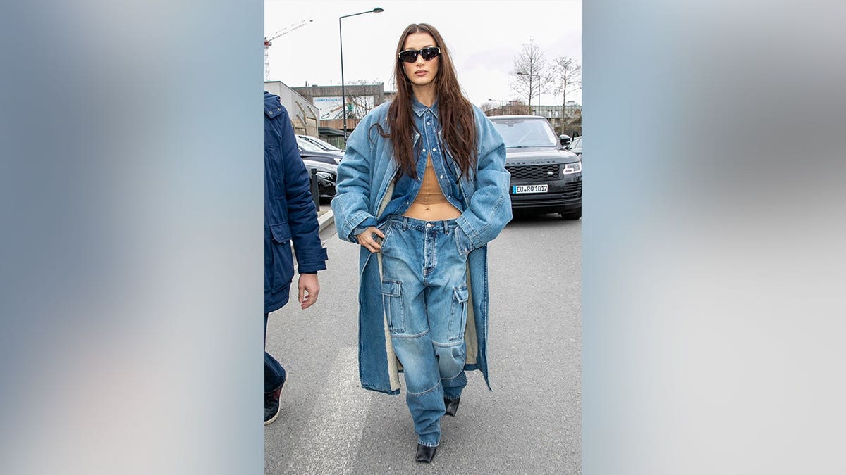 Bella Hadid in a denim outfit while out in Paris, France in March 2020.