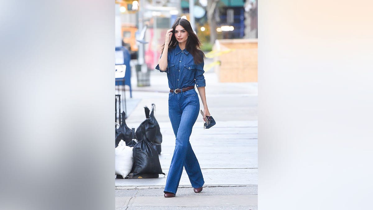 Emily Ratajkowski in a denim outfit while out in Soho in November 2021.