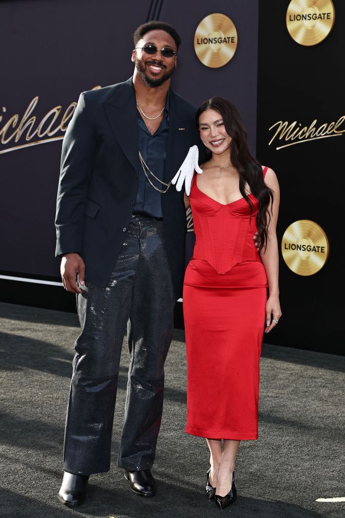 Myles Garrett and Chloe Kim attend the "Michael" premiere