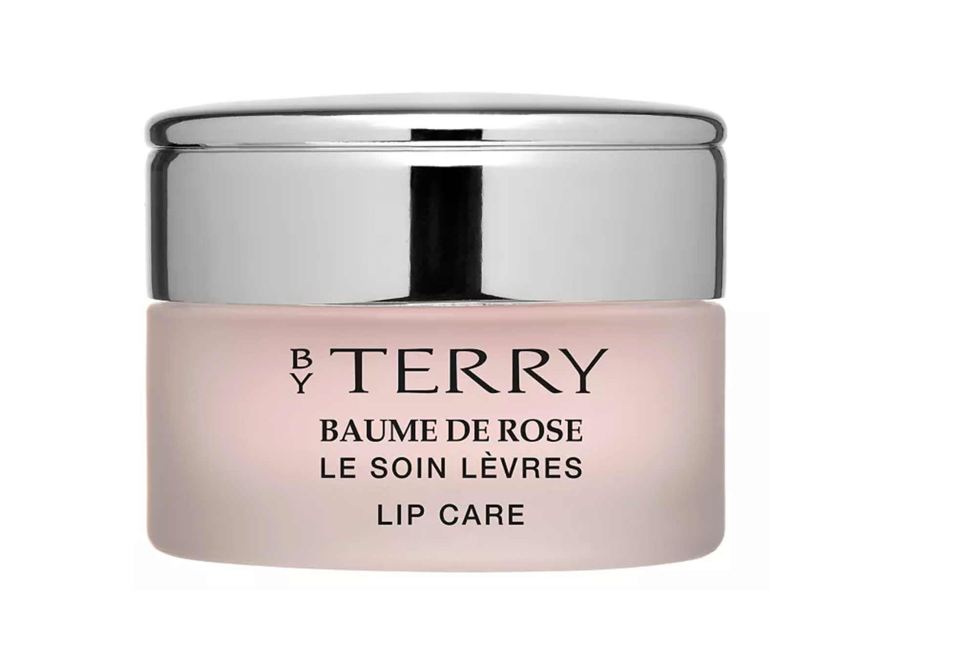 By Terry Baume de Rose Lip Care product in a pink container with a silver lid.