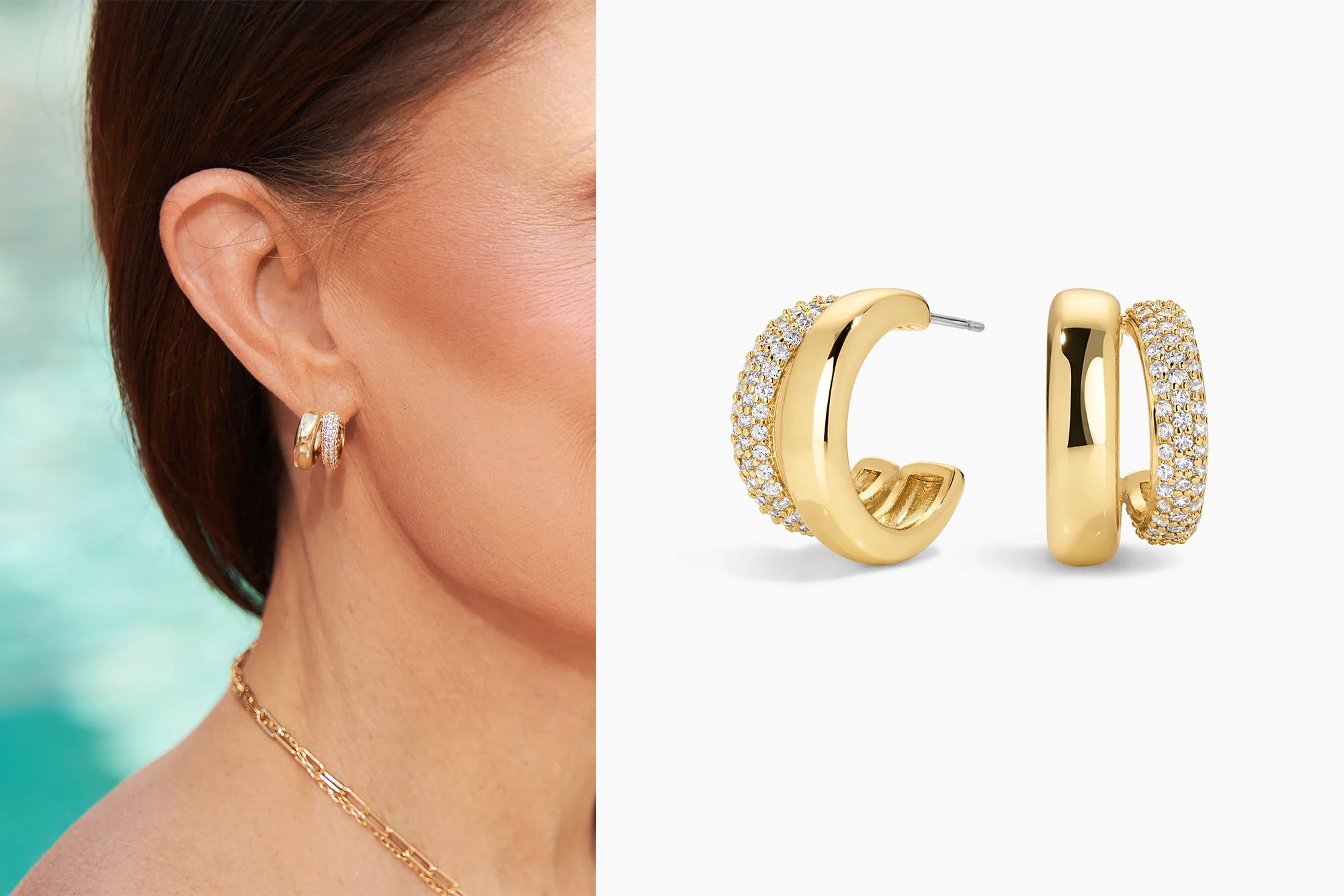 Model wearing a gold double hoop earring with one pave diamond-encrusted hoop next to two individual earrings.