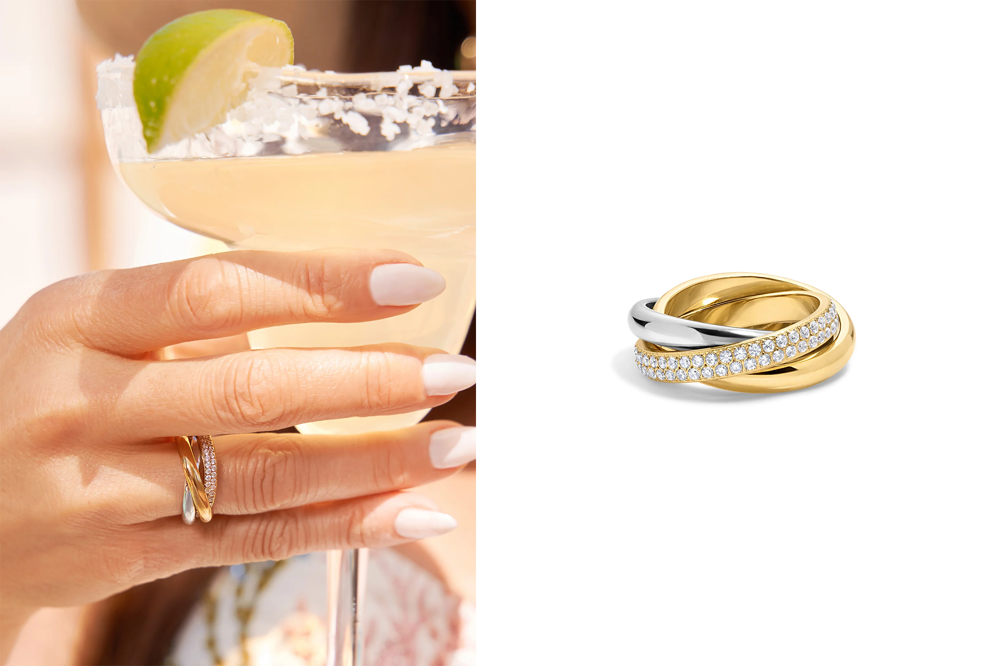 Collage of a woman wearing a tri-color, diamond-encrusted ring while holding a margarita, and a close-up of the ring on a white background.