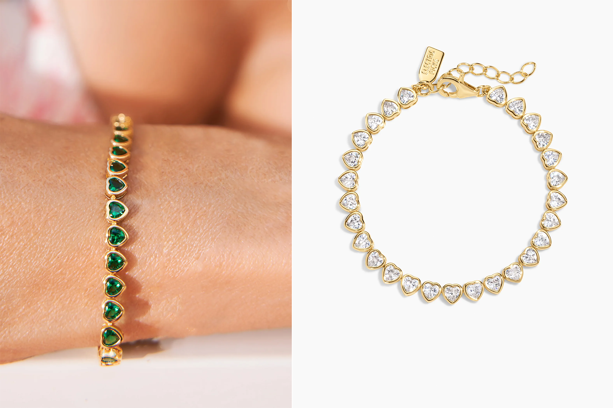 Collage of a gold-plated bracelet with emerald green heart-shaped gems on a person's wrist, and a similar bracelet with clear heart-shaped gems against a white background.